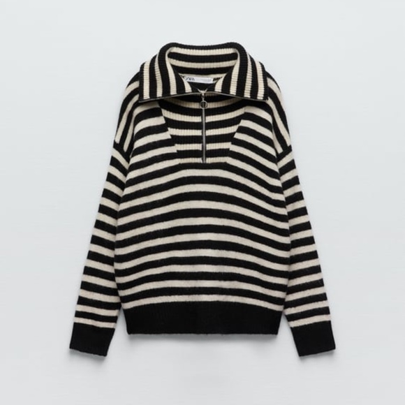 NWT ZARA ZIPPERED HIGH COLLAR STRIPED SWEATER L - Picture 2 of 4